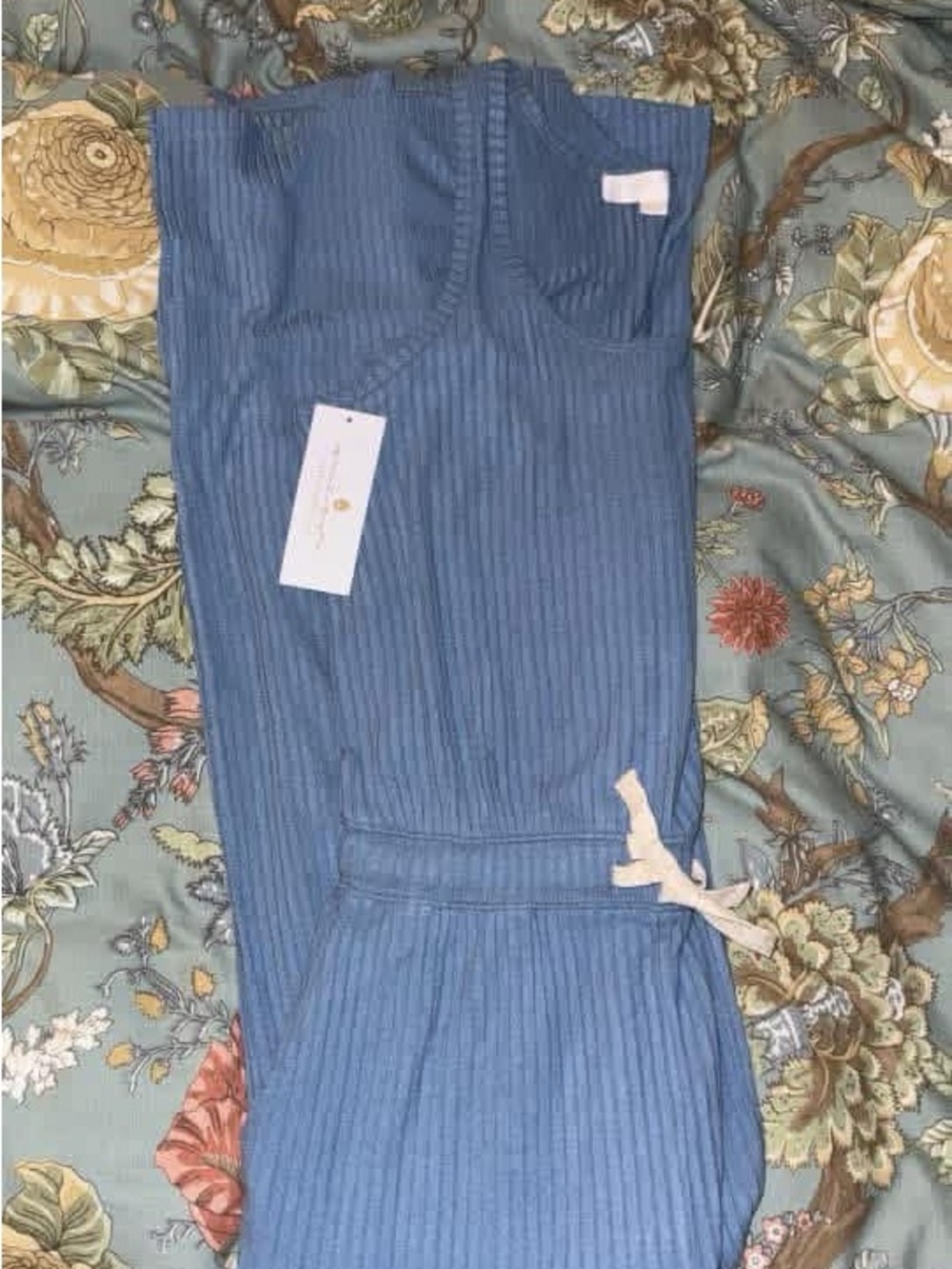 Spiritual Gangster Blue Ribbed Wide Leg Strapless Jumpsuit with Tie Waist